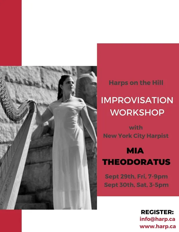 Poster: Harps on the Hill improvisation workshop with New York City harpist Mia Theodoratus