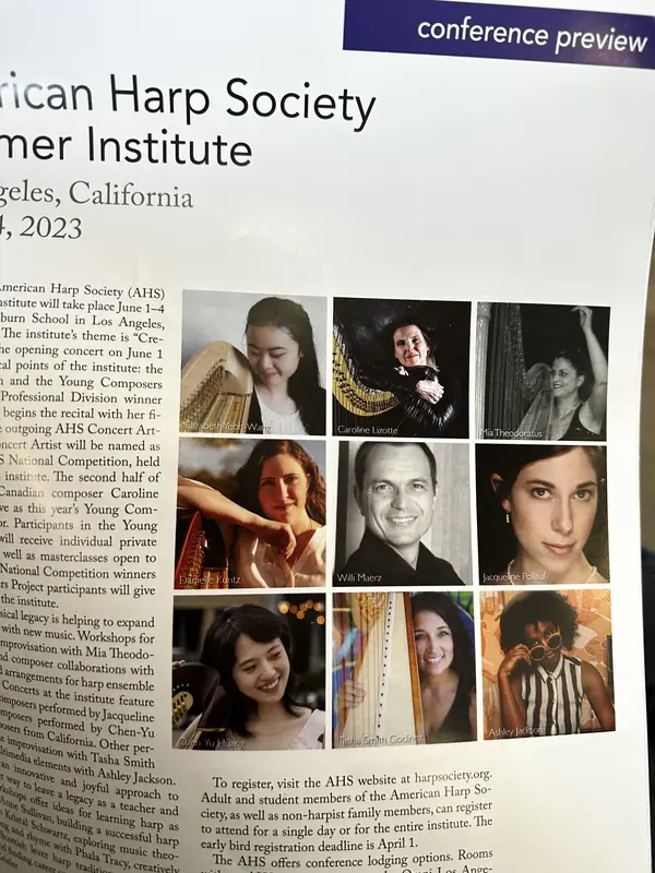 American Harp Society magazine page previewing the 2023 Summer Institute, with Mia Theodoratus among the featured artists